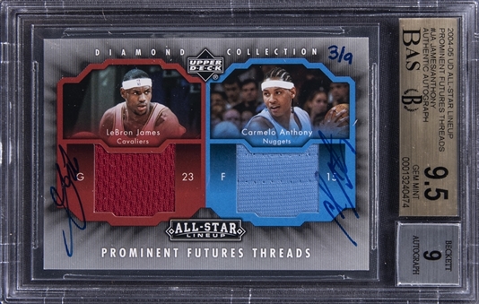 2004-05 Upper Deck All-Star Lineup Prominent Future Threads #PFT-JA LeBron James/Carmelo Anthony Dual Signed Jersey Card - BGS GEM MINT 9.5/BGS 9